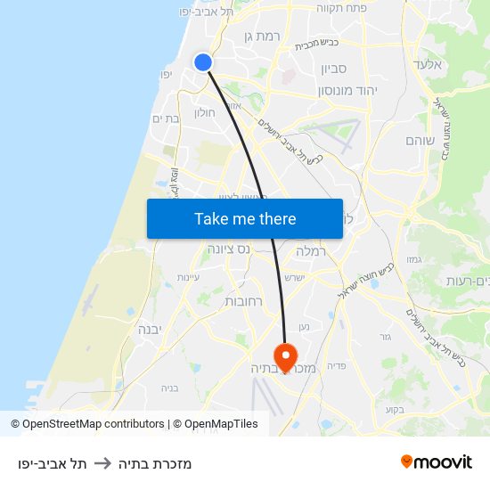 תל אביב-יפו to מזכרת בתיה map