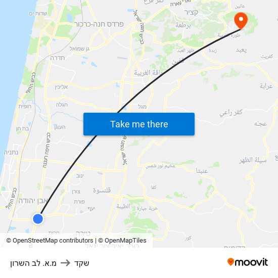 מ.א. לב השרון to שקד map