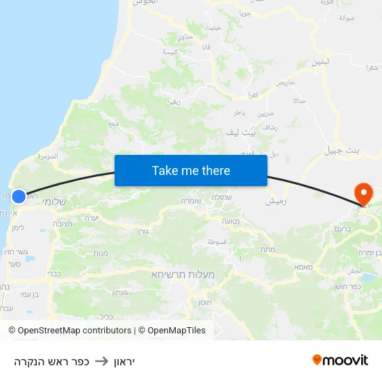 כפר ראש הנקרה to יראון map