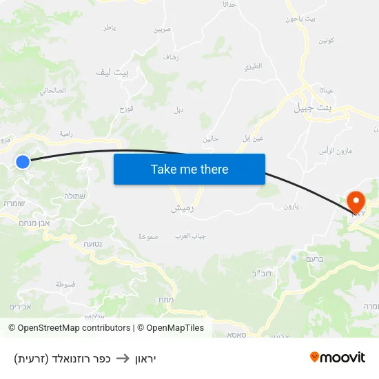 כפר רוזנואלד (זרעית) to יראון map