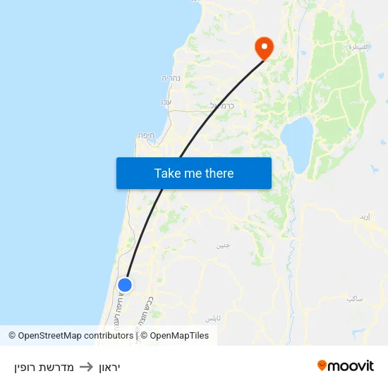 מדרשת רופין to יראון map