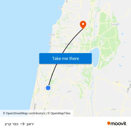 כפר קרע to יראון map