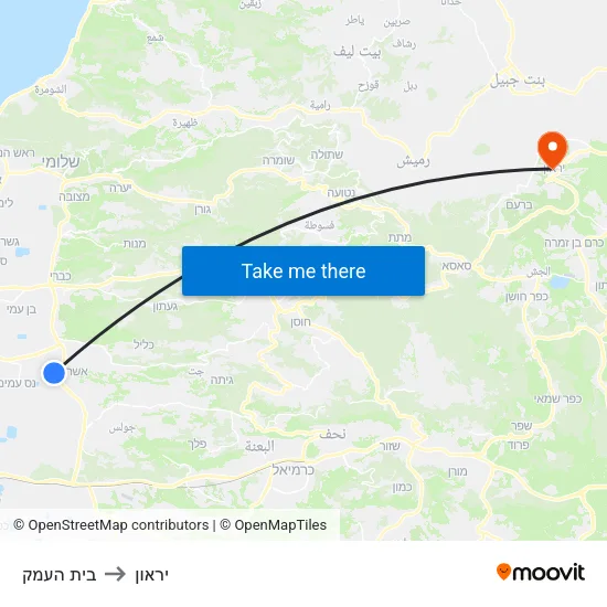בית העמק to יראון map