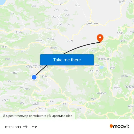 כפר ורדים to יראון map