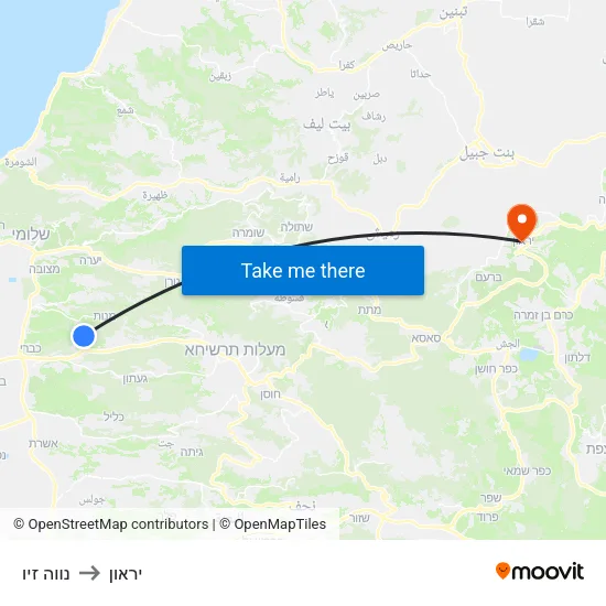 נווה זיו to יראון map