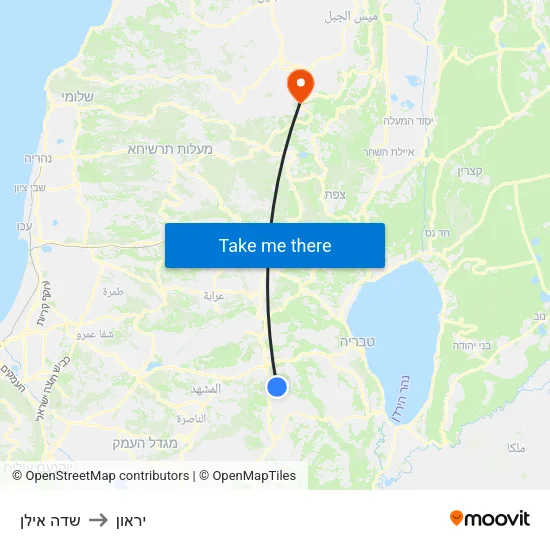 שדה אילן to יראון map