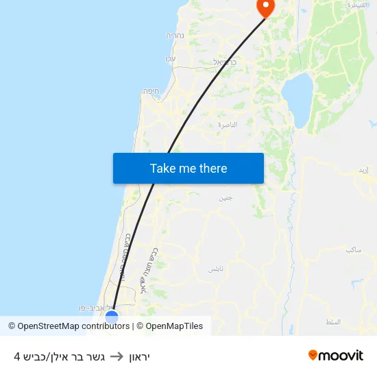 גשר בר אילן/כביש 4 to יראון map