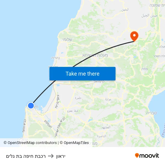 רכבת חיפה בת גלים to יראון map
