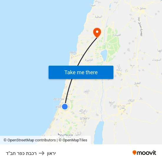 רכבת כפר חב"ד to יראון map