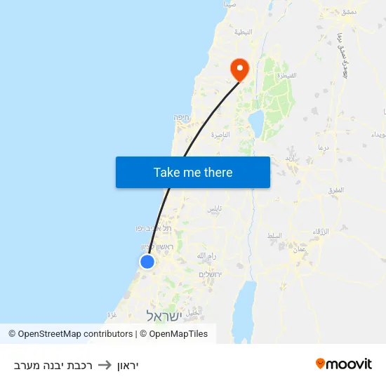 רכבת יבנה מערב to יראון map