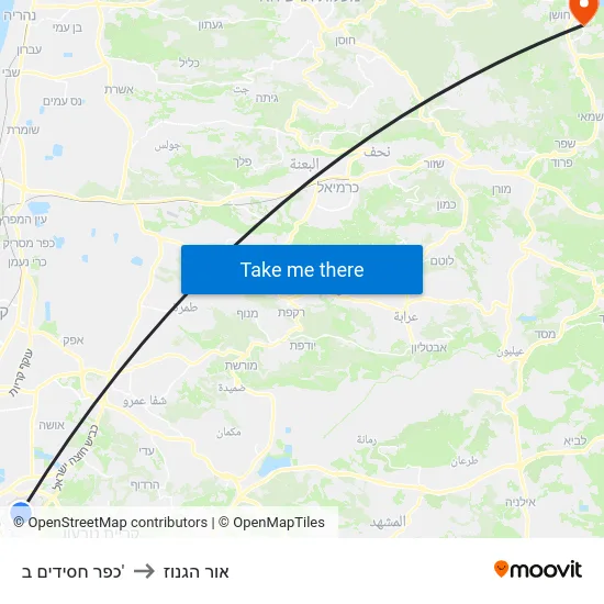 כפר חסידים ב' to אור הגנוז map