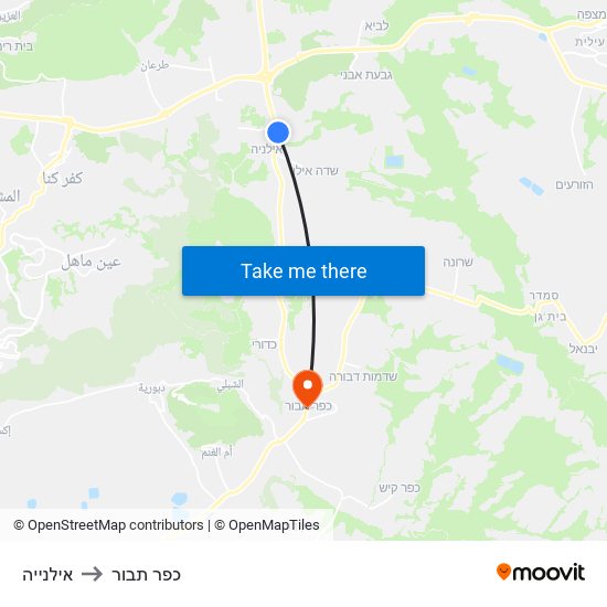 אילנייה to כפר תבור map