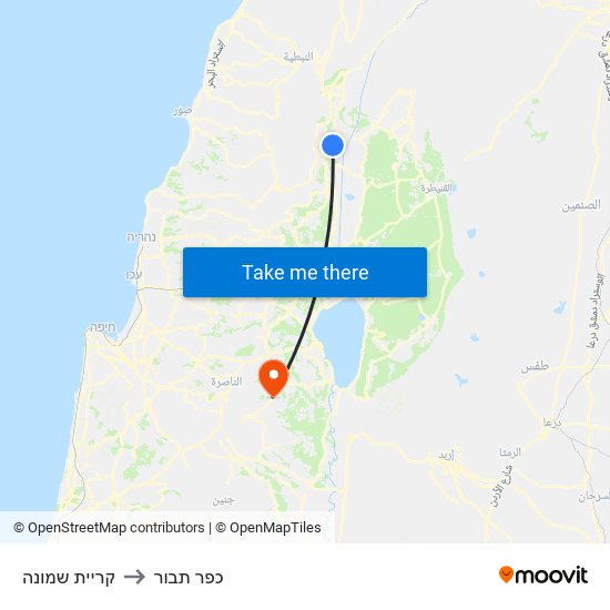 קריית שמונה to כפר תבור map