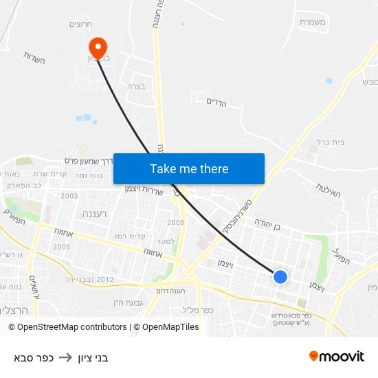 כפר סבא to בני ציון map