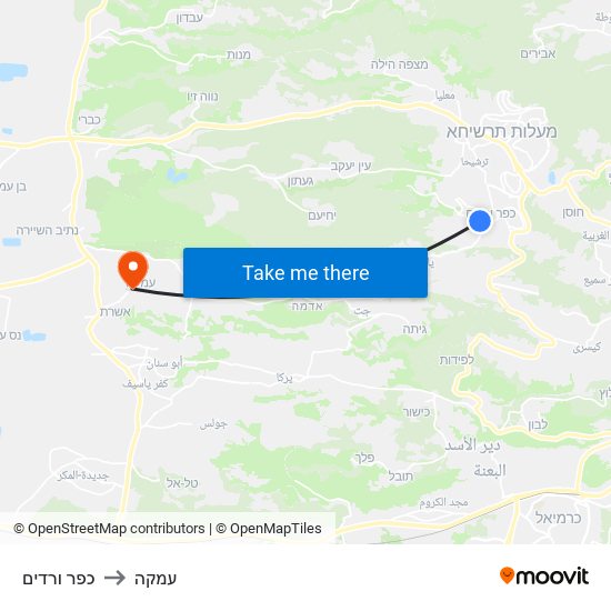 כפר ורדים to עמקה map