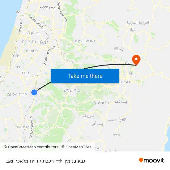 רכבת קריית מלאכי-יואב to גבע בנימין map