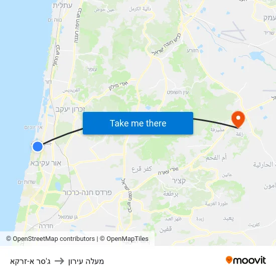 ג'סר א-זרקא to מעלה עירון map