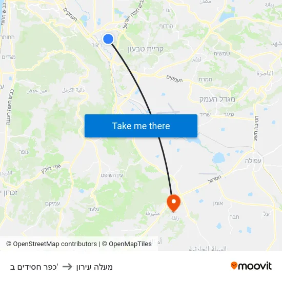כפר חסידים ב' to מעלה עירון map