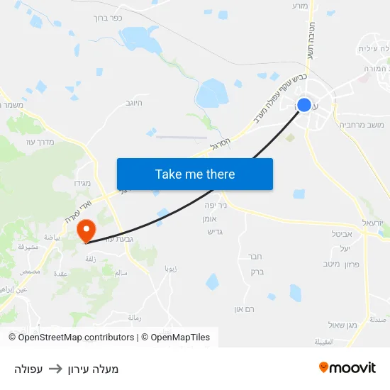 עפולה to מעלה עירון map
