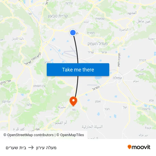 בית שערים to מעלה עירון map