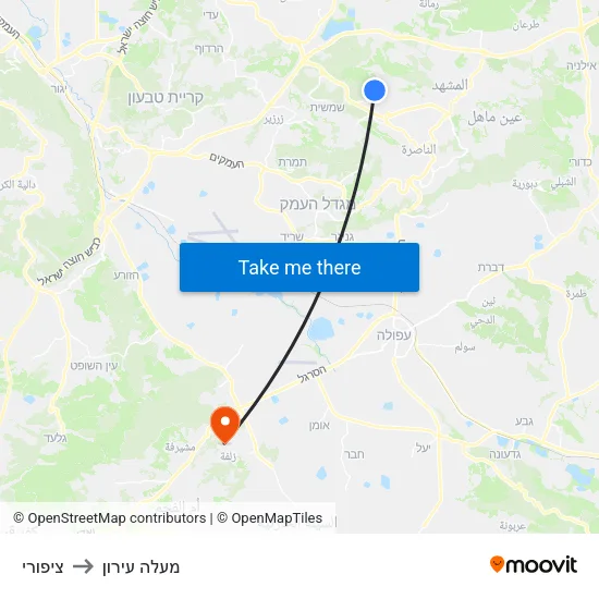ציפורי to מעלה עירון map