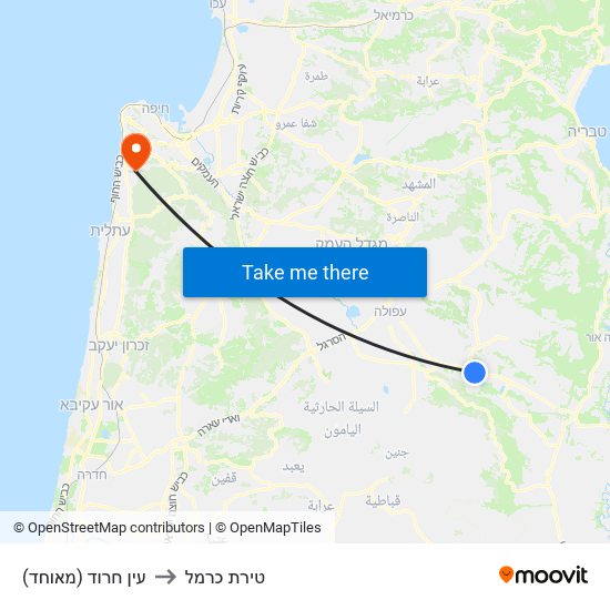 עין חרוד (מאוחד) to טירת כרמל map
