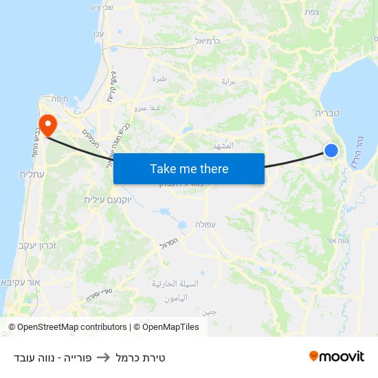 פורייה - נווה עובד to טירת כרמל map