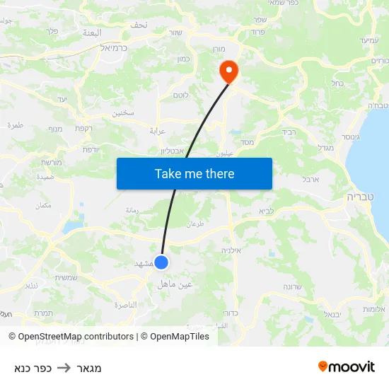כפר כנא to מגאר map