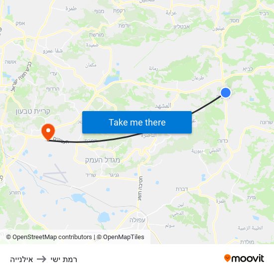 אילנייה to רמת ישי map