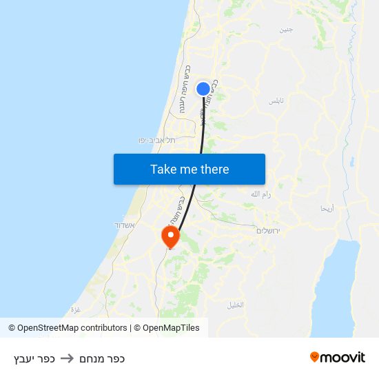 כפר יעבץ to כפר מנחם map