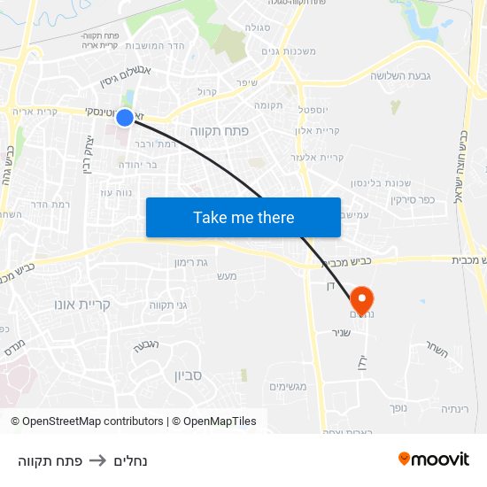 פתח תקווה to נחלים map