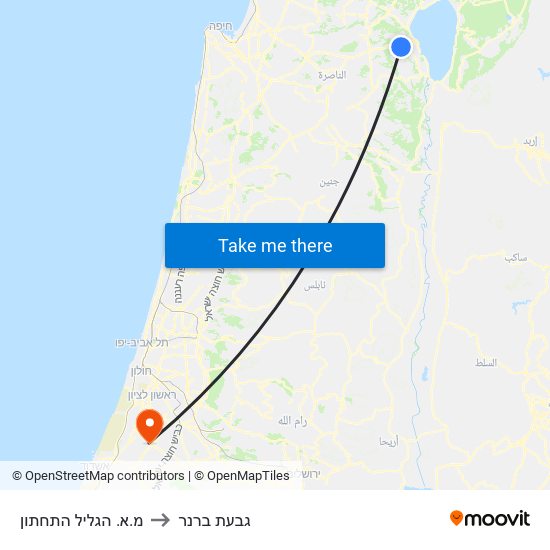 מ.א. הגליל התחתון to גבעת ברנר map