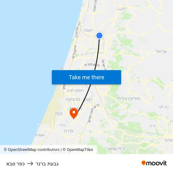 כפר סבא to גבעת ברנר map