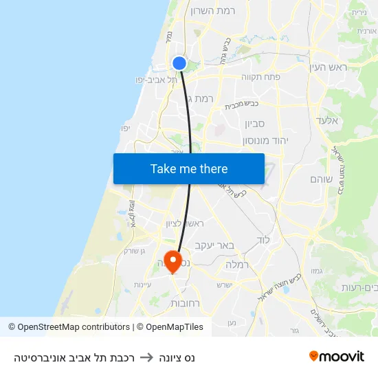 רכבת תל אביב אוניברסיטה to נס ציונה map