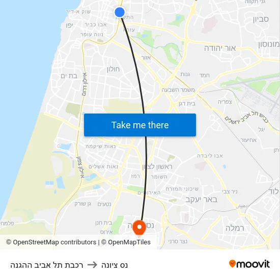 רכבת תל אביב ההגנה to נס ציונה map