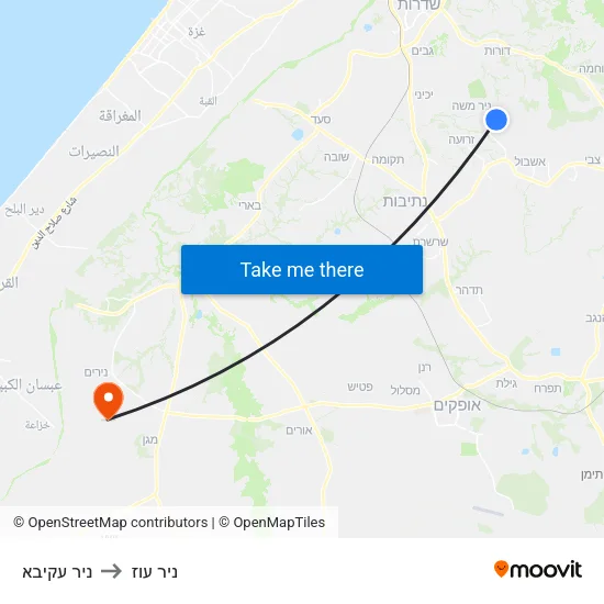 ניר עקיבא to ניר עוז map