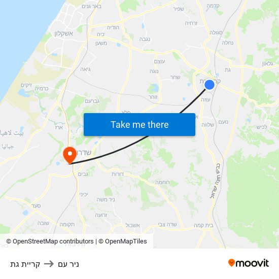 קריית גת to ניר עם map
