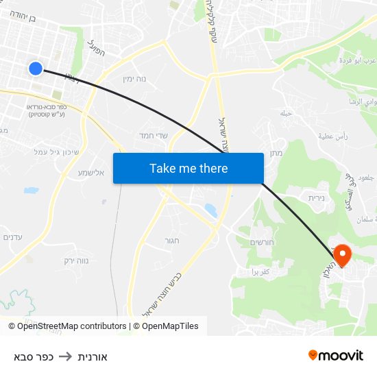 כפר סבא to אורנית map