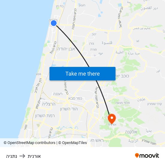 נתניה to אורנית map