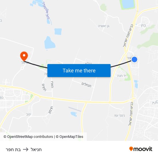 בת חפר to חניאל map