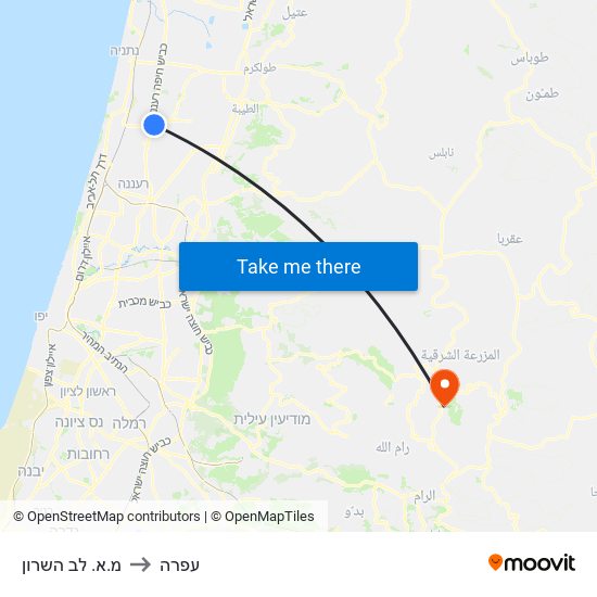 מ.א. לב השרון to עפרה map