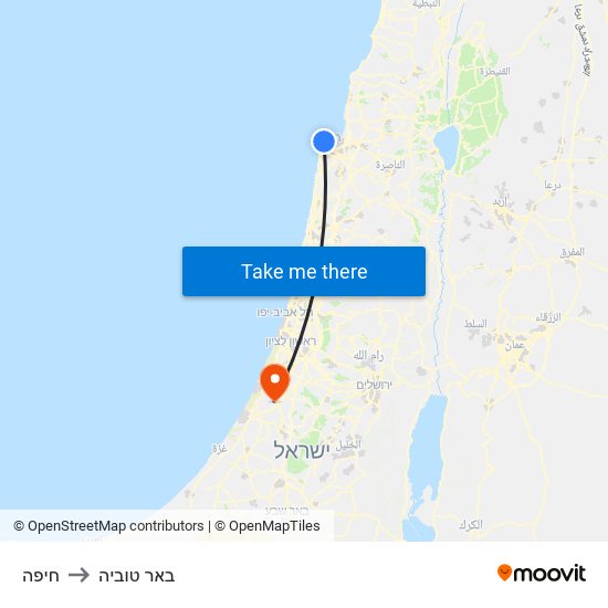 חיפה to באר טוביה map