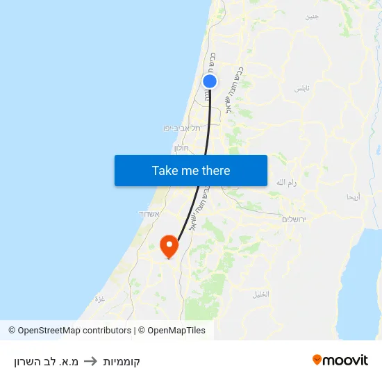 מ.א. לב השרון to קוממיות map