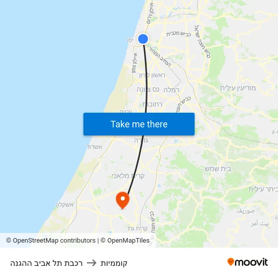 רכבת תל אביב ההגנה to קוממיות map