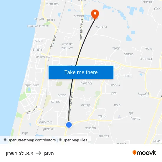 מ.א. לב השרון to העוגן map