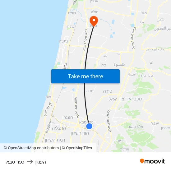 כפר סבא to העוגן map