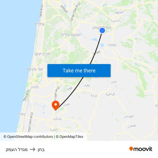 מגדל העמק to בחן map