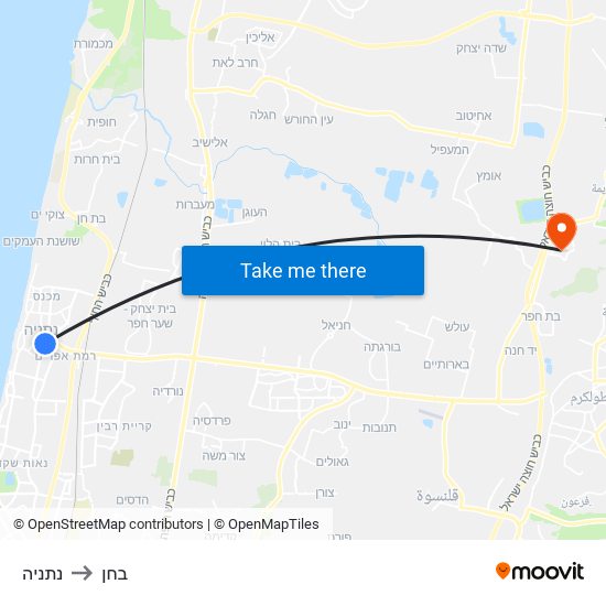 נתניה to בחן map