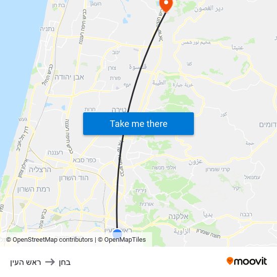 ראש העין to בחן map