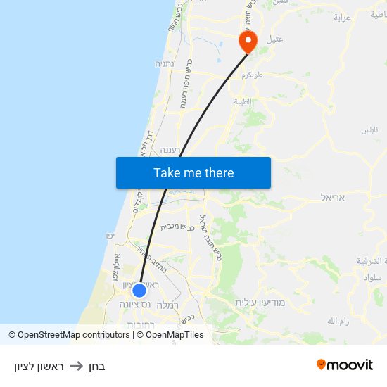 ראשון לציון to בחן map